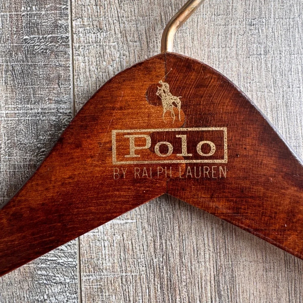 Polo Ralph Lauren Wooden Suit Hanger Dark Brown Gold Pony Logo Brass Hook Bar